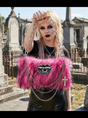 Fuchsia Faux Fur Chain Shoulder Bag with Gothic Cross Charm
